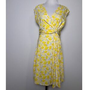 Lands End Womens Lemon Fruit Gingham Faux Wrap Dress Small Cotton Knit Casual